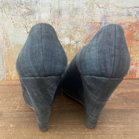 MIU MIU Peep Toe Blue Denim Wedge Heels w/Leather Bow - Picture 5 of 13